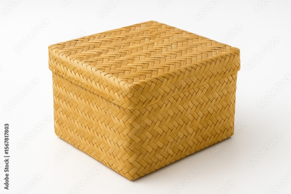 Poster white background featuring a bamboo wicker storage container