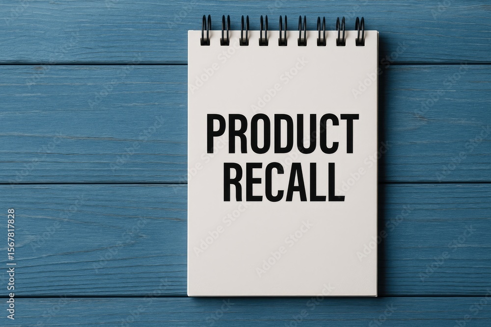 Poster empty notepad featuring product recall message on a blue wooden surface