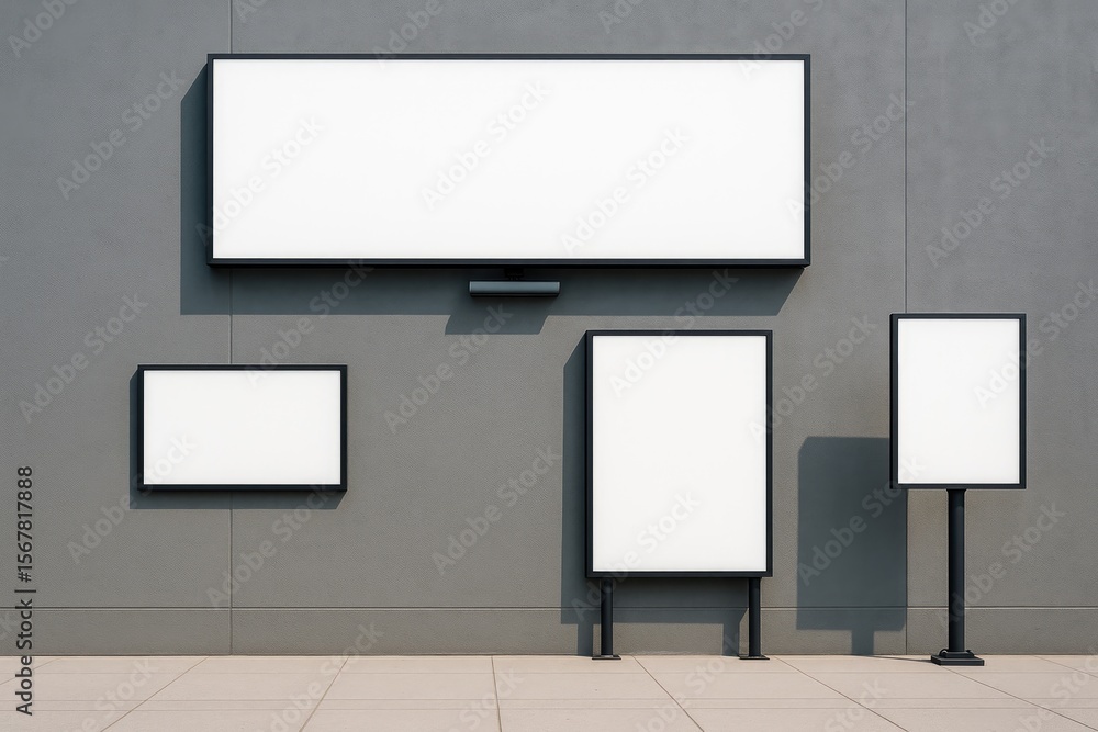 Poster empty billboards mounted on a gray wall with signboards