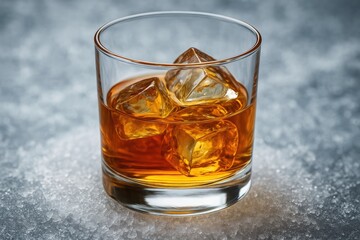 A vertical shot of a whiskey glass atop icy frost, captured from a side angle for promotional purposes, with a blurred background.