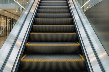 Abstract escalator in a shopping mall with upward movement, featuring yellow bands and metallic details