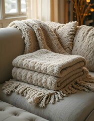 Cozy Comfort: A tactile image of a soft, inviting throw blanket and cushion set, offering a visual embrace of warmth and relaxation.