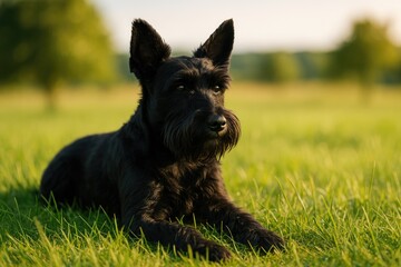 Cute small black terrier enjoying leisure time on a lush green meadow