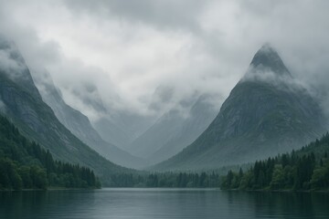 Enigmatic terrain with mist-covered peaks looming above a serene lake