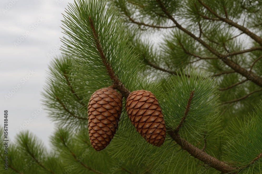 Poster close-up of pine cones and lush green needles from a pine tree against a soft cloudy sky backdrop