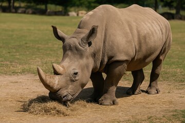 Fototapeta premium Wild African Rhinoceros grazing on arid grass in a spacious habitat