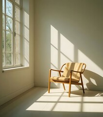 Serene Interior: A sunlit interior presents a minimalist setting, with an inviting chair and the play of light and shadow, inviting introspection and contemplation.
