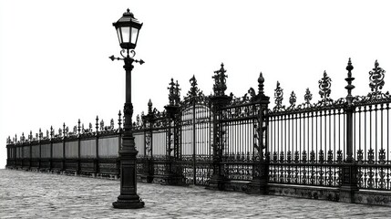 Ornate wrought iron fence and lamp post.