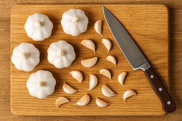 Overhead shot of a kitchen knife alongside garlic bulbs and cloves on a wooden cutting surface