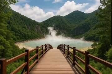 Obraz premium Scenic outlook of a bridge near a volcanic crater emitting a strong sulfur scent