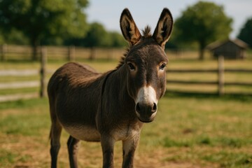 A mule relaxing in a rural farm setting