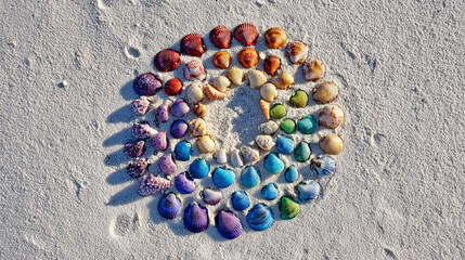 Colorful Seashells Arranged in a Spiral on Sandy Beach