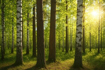 Obraz premium Vivid scene of fresh green foliage under bright sunlight in a lush forest setting. Close-up of tree bark, showcasing nature's beauty during spring and early summer. Eco-friendly outdoor activities