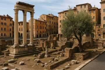 Historic columns and archaeological remains lining city streets with an olive tree, revealing layers of ancient civilization
