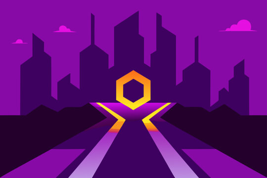 hexagon lit speed track in glowing purple city rui