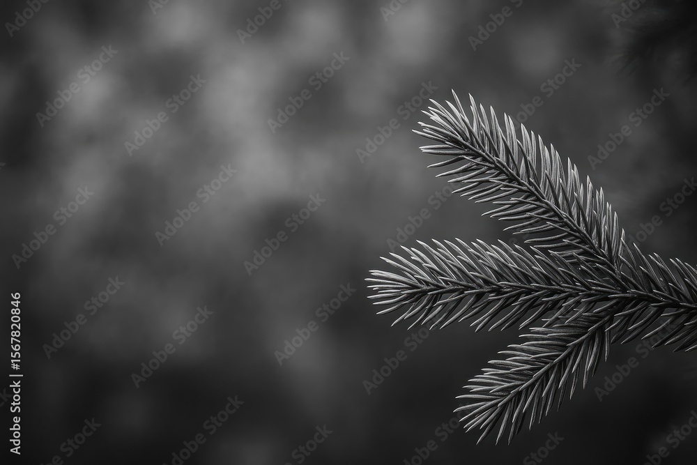 Poster monochrome backdrop featuring pine branches with lush green needles and ample space for text, with a