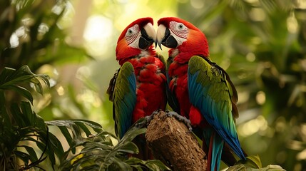 Obraz premium Two vibrant macaws nuzzle on a branch, amidst lush green foliage
