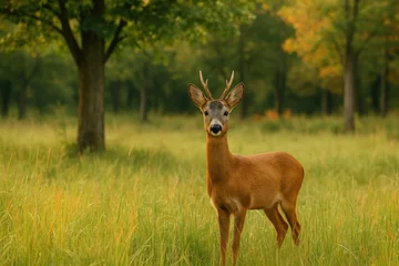 Fototapete Rund A roe deer amidst lush, tall grasses © AkuAku