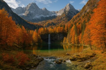 Fall Season in a Mountain Valley Featuring Lakes and Streams Amidst Alpine Peaks