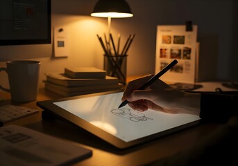 Digital Design: A focused hand skillfully sketches on a digital tablet, illuminated by a warm desk lamp in a low-lit setting, surrounded by creative tools and inspiring elements.