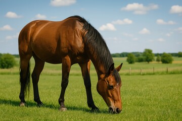 Obraz premium Elegant steed peacefully grazing on a rural farmstead