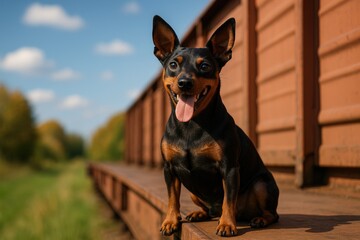 Hilarious small dog with tongue out perched on a train's edge