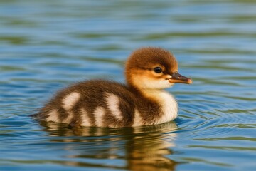 Juvenile common merganser swimming in a freshwater lake