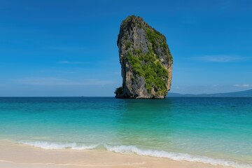 Naklejka premium Iconic limestone formation rising from the ocean at a renowned island destination in the Andaman Sea under a clear blue sky