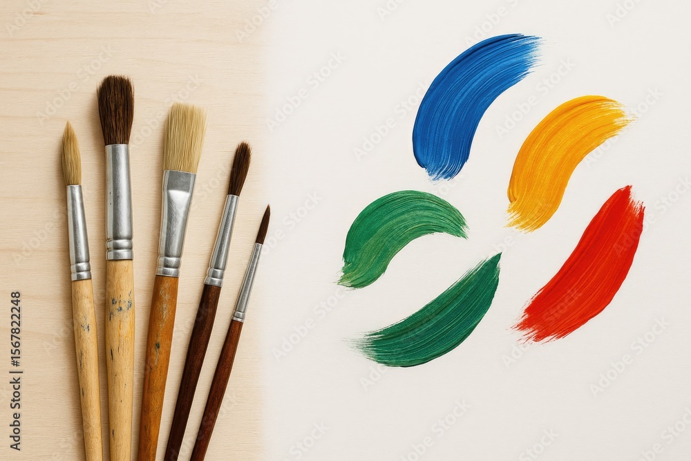Poster creative art tools and colorful pencils arranged on a worktable in an artist's studio with space for