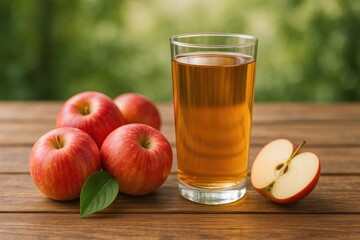 Fresh apple juice and whole apples displayed on a rustic wooden surface