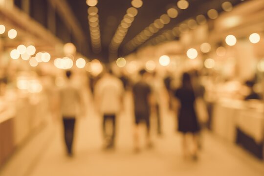 Vintage-style abstract blurred photo of individuals strolling through a commercial complex or exhibition space with bokeh backdrop.