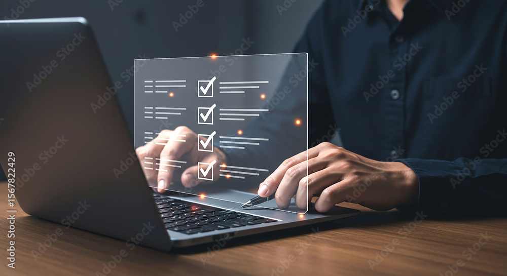 Poster person using laptop with digital checklist interface and pen completing online survey task work