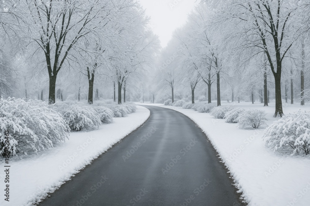Poster a serene park scene featuring a pathway lined with snow-dusted trees and shrubbery