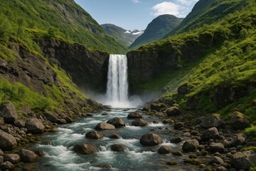 Majestic cascade flowing through rugged mountain terrain