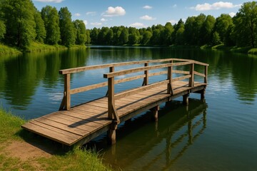 A tiny wooden bridge spanning a tranquil lake