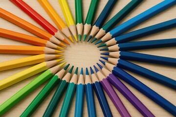 A vibrant circle of colored pencils arranged on a surface