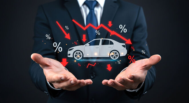 A man in a suit holding a car with falling percentage signs and red arrows on a black background