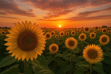 Obraz premium A vibrant sunset over a vast sunflower farm