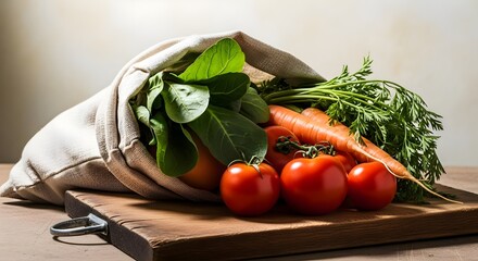 Harvest Basket: Fresh, colorful assortment of organic produce spilling out of a reusable eco-friendly bag, celebrating the beauty and nourishment of natural food, highlighting healthy eating.