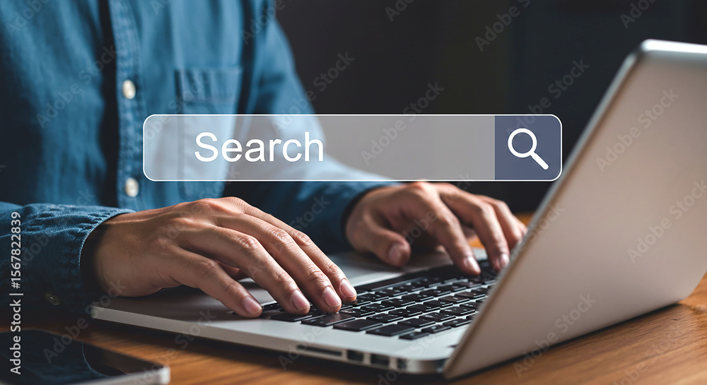 Poster a person using a laptop with a search bar overlayed on the screen typing on the keyboard area