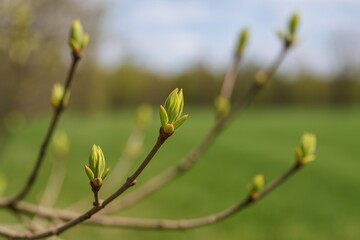 Springtime close-up of emerging plant buds against a vibrant background