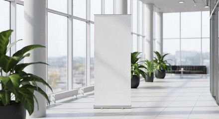 Blank white roll-up banner mockup in a modern, bright office building hallway. Empty pull-up stand for corporate advertising or display.