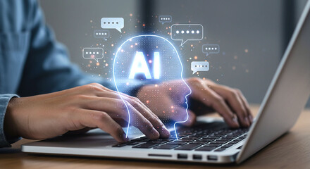 Person typing on laptop with ai head outline and speech bubbles above the keyboard and hands seen
