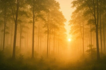 Morning mist enveloping a woodland at dawn
