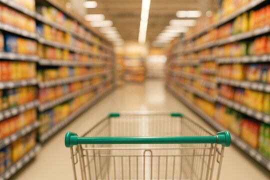 Abstract blurred image of a shopping area with a trolley in a retail environment