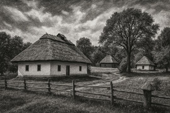 Vintage rural Ukrainian homes showcasing traditional architecture in a summer outdoor scene with artistic black and white effects.