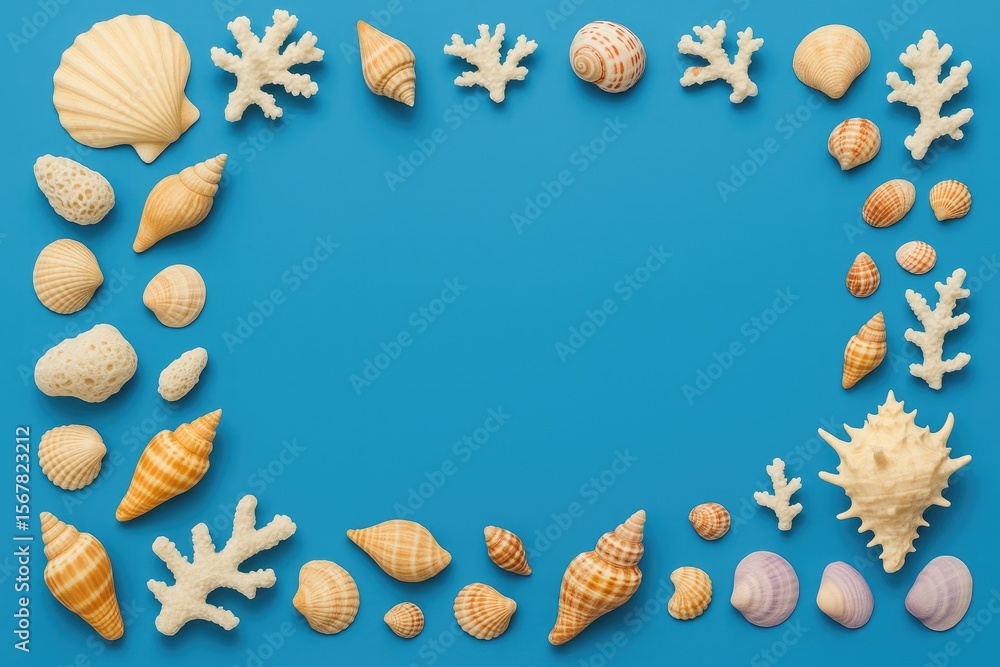 Aufkleber stylish arrangement of diverse seashells and corals on a blue backdrop from a top-down perspective w