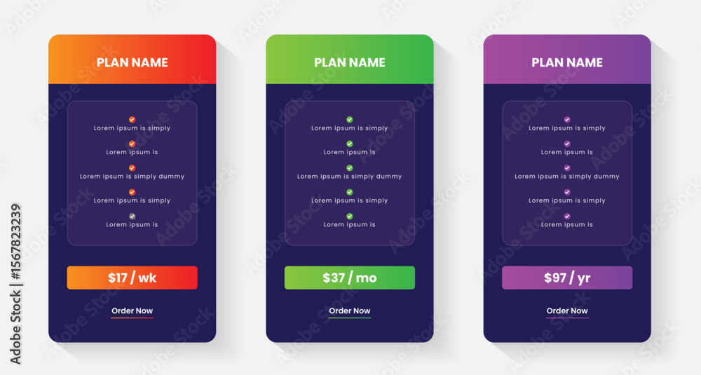 Poster pricing plans table, pricing chart, price list for web or app. ui ux pricing design tables with tari
