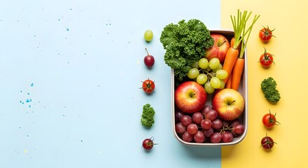 Healthy Feast: A vibrant display of fresh fruits and vegetables, carefully arranged on a divided background of light blue and yellow, embodies wellness and vitality.