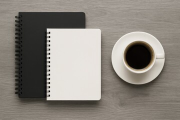 Workspace essentials including monochrome notebooks, a coffee mug with saucer, set on a gray wooden surface. Focus on learning, finance, and entrepreneurship. Overhead perspective with empty space